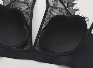 Dettaglio reggiseno in pizzo nero con imbottiture push-up e bordi in pizzo ciglia