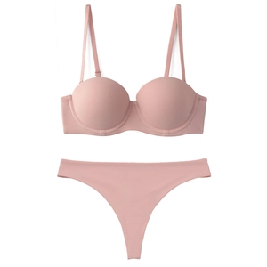 Seamless half-cup push-up bra and thong set in dusty pink with soft underwire support