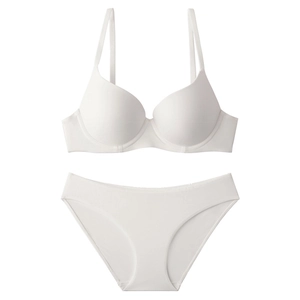 Flat lay detail of a seamless white bra and matching panty set on a white backdrop