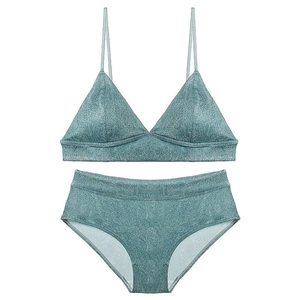 Two-piece shimmering teal triangle bikini set with metallic finish and high-waisted bottoms