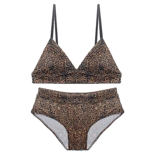 French style leopard print triangle cup bralette and high waist panty set for women