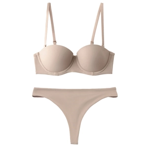 Seamless 1/2 cup push-up bra and T-back lingerie set in beige smooth fabric