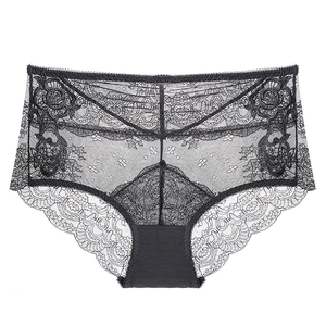 Elegant black floral lace women's panties with breathable cotton crotch on white background