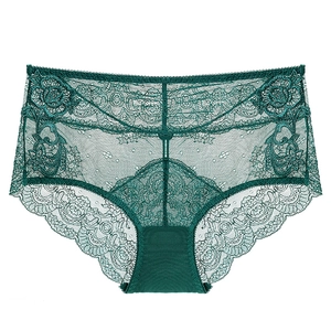 Close-up detail of dark green floral lace and sheer mesh on female underwear