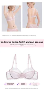 Detailed view of pink lace bra featuring underwire support and adjustable straps