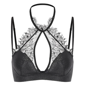 Bralette all'americana in pizzo nero francese con tessuto scintillante e dettagli ciglia