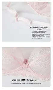 Detail of light pink lace bra showing 1mm ultra-thin fabric and elastic shoulder straps