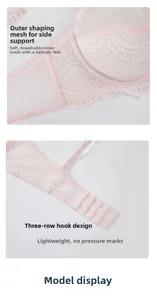 Detail of pale pink lace bra showing side support mesh and triple row hook-and-eye closure