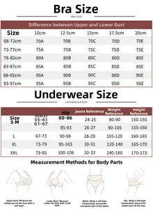 Detailed size chart for lace lingerie set including bra and panty measurement guide