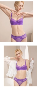 Detail of purple lace bra set with delicate wavy edges and matching sheer lace panties