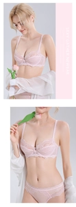 Close-up of pink floral lace embroidery on sheer breathable bra and panty set