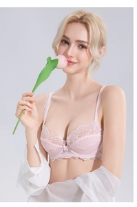 Close-up of light pink lace bra with scalloped edges and delicate bow detail