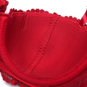 Close-up of red floral lace bra interior showing soft lining and precision stitching
