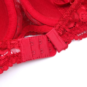 Close-up of red floral lace bra detailing back hook-and-eye closure and mesh lining