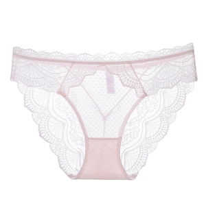 Pale pink ultra-thin transparent lace panties with low waist and floral embroidery