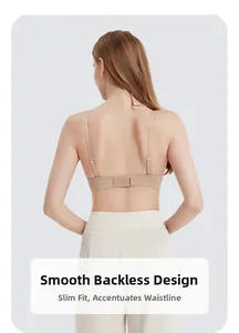 Close-up of nude backless seamless bra featuring double hook-and-eye closure for women