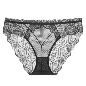 Elegant black floral lace low-waist briefs with breathable semi-transparent mesh details