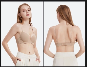 Front and back view of a seamless nude bra showing smooth cups and double back closure
