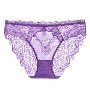Elegant purple sheer lace panties with floral embroidery and scalloped edges for women