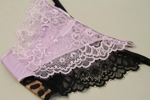 Close-up of lavender eyelash lace and leopard print floral mesh embroidery panties