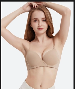 Detail of a beige seamless bra with slim straps showing smooth fabric and supportive fit