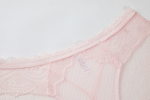 Detail of light pink floral lace fabric with scalloped edges on a low-rise panty