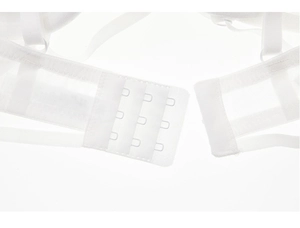 Close-up of white lace bra featuring a three-row hook and eye closure on mesh fabric