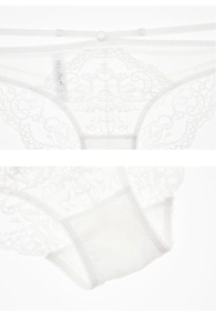Close-up of white floral lace fabric and breathable mesh lining of elegant panties