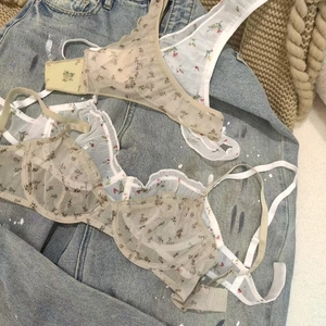 French style floral lace lingerie set with underwire bra and matching thong in cream white