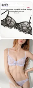 Detail view of 0.1cm ultra-thin lace bra set with hollow-out cups and floral embroidery
