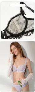 Detail of floral lace mesh bra and panties set with semi-transparent embroidery texture