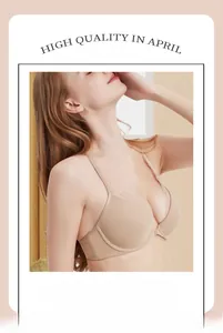 Detail of the elegant lace trim and gathering design on a beige comfort bra for women