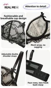 Detailed views of black lace bra showing mesh lining, bow decor and adjustable straps