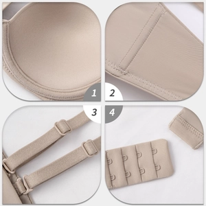 Beige seamless full coverage bra for large busts featuring adjustable four-row hooks