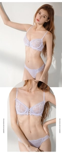 Detailed view of lavender floral lace bra featuring cross strap accents and wired support