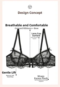 Detail view of black lace bra showing cross ribbon, breathable mesh, and soft wire support