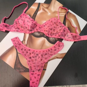 Pink floral lace lingerie set with mesh embroidery and underwire support for women