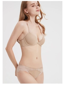 Front closure plunge lace bra and matching panty set in elegant nude beige color