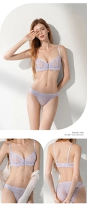 Detailed views of a lavender floral lace lingerie set with elegant lace embroidery and straps
