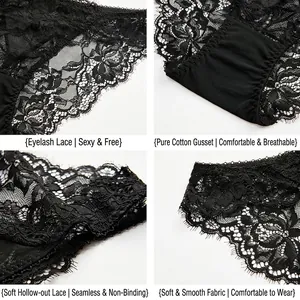 Culotte en dentelle noire avec gousset en coton montrant des détails floraux en quatre vues