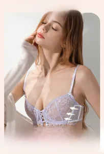 Detail of light purple lace bra showing 8cm high side wings for smoothing and support