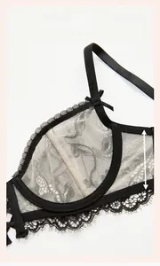 Detail of black floral lace bra showing side support structure and mesh fabric texture