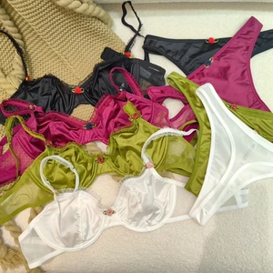 Sexy French Lace Lingerie For Women Satin Ultra Thin Underwire Minimizer Bra And Thong With Rose Flower Decoration