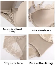 Detailed views of lace bra with front closure, soft underwire cups and cotton lining