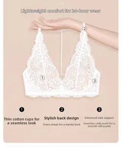 Detail of white lace bra featuring thin cotton cups and criss-cross back strap design