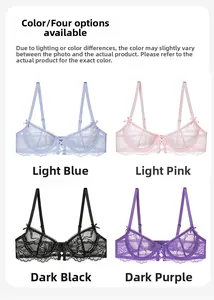 Detail view of lace bras in four colors including light blue, pink, black and purple