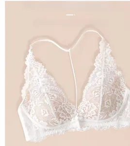 Close-up of white floral lace triangle bra with delicate mesh and Y-back strap detail