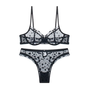 Sexy black lace lingerie set with heart patterns, ruffled mesh bra and thong in two pieces