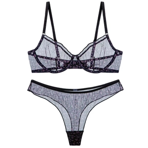 French style floral lace lingerie set with sheer black mesh and underwire support