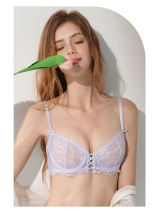 Close-up of lavender lace bra with floral embroidery and eyelash lace trim details